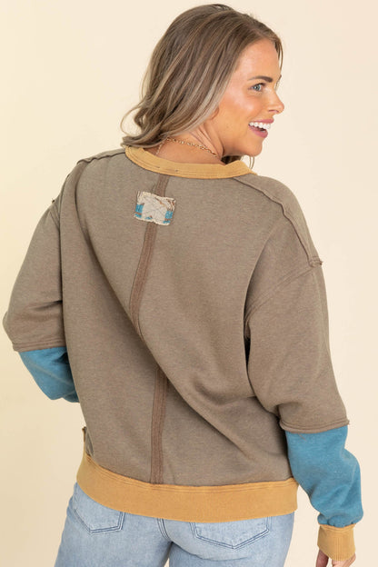 Brown And Teal Ethnic Print Knit Crewneck