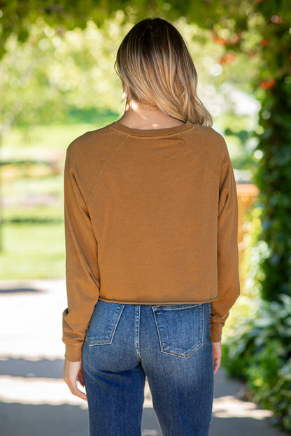 Camel Raw Hem Raglan Sleeve Sweatshirt