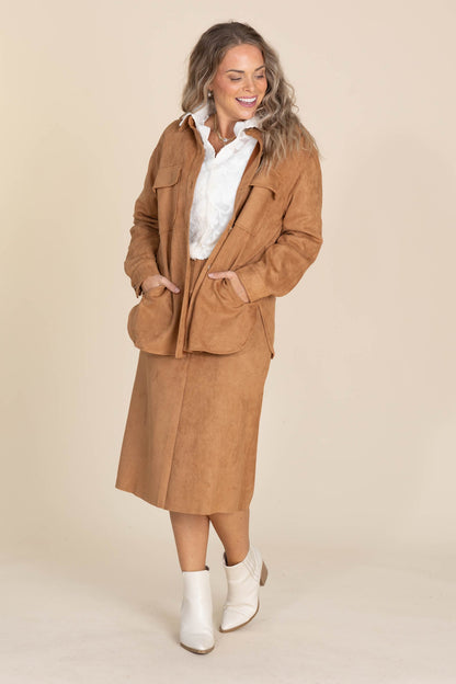 Camel Soft Microsuede Midi Skirt