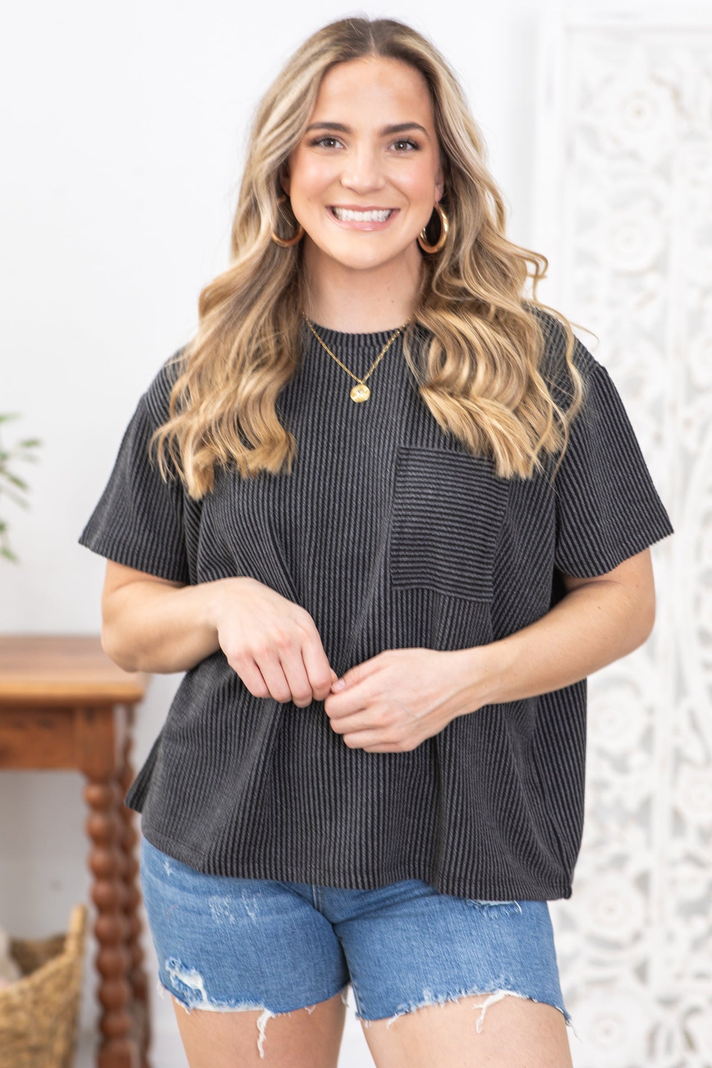 Charcoal Texture Ribbed Short Sleeve Knit Top