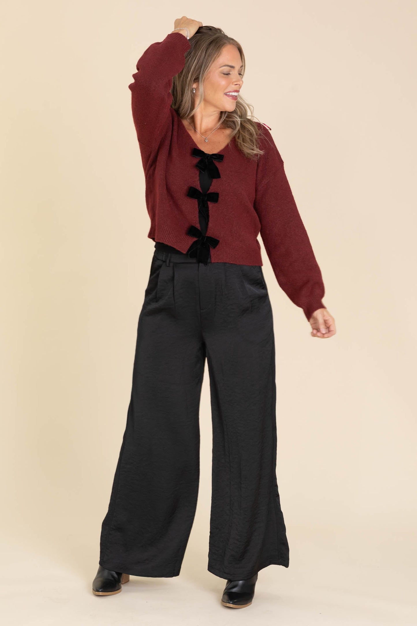Burgundy Back Velvet Bow Detail Sweater