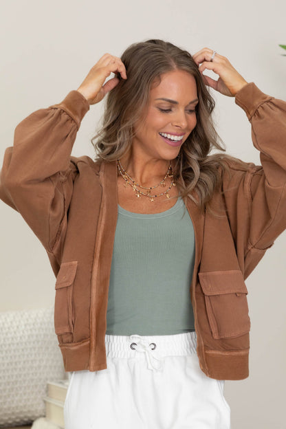 Chestnut Vintage Washed Cardigan With Pockets