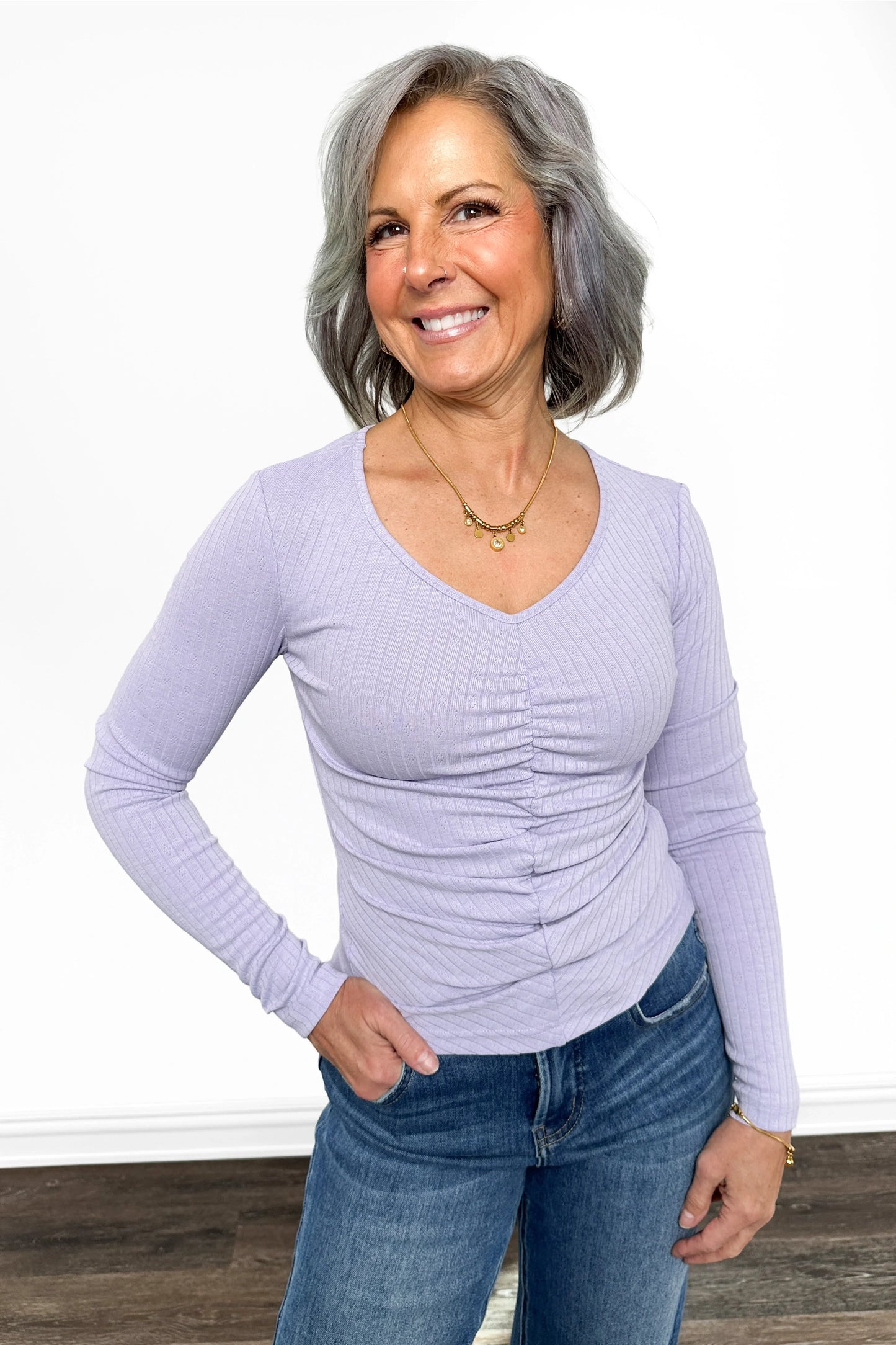 ALB Custom Women's Pointelle Ruched V-Neck Top
