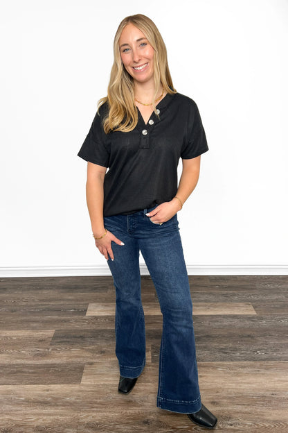 Women's Faux Button V-Neck Short Sleeve Top