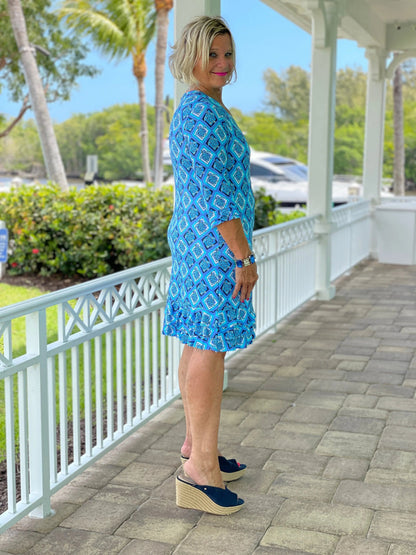 BAHAMA BLUE TURTLE RUFFLE SLEEVE DRESS